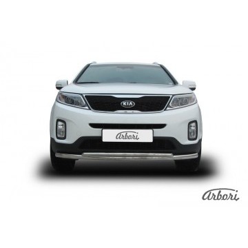 Защита переднего бампера d57+d42 двойная радиусная Arbori нерж. сталь для KIA Sorento 2013-нв