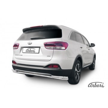Защита заднего бампера d57+d42 двойная длинная Arbori нерж. сталь для KIA Sorento Prime 2015-2018
