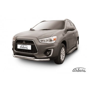 Защита переднего бампера d76+d57 двойная  Arbori нерж. сталь для MITSUBISHI ASX 2014-нв