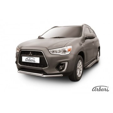Защита переднего бампера d57+d42 двойная Arbori нерж. сталь для MITSUBISHI ASX 2014-нв
