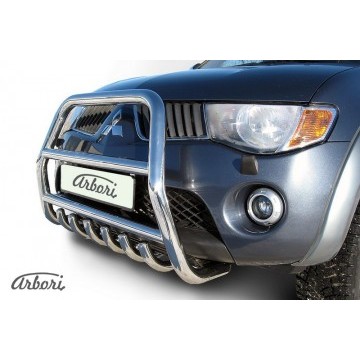 Кенгурятник d76 высокий с защитой картера Arbori нерж. сталь для MITSUBISHI L200 2006-2015