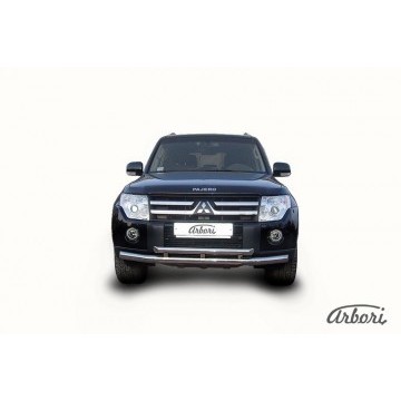Защита переднего бампера d76+d57 двойная Arbori нерж. сталь для Mitsubishi PAJERO IV 2014-нв