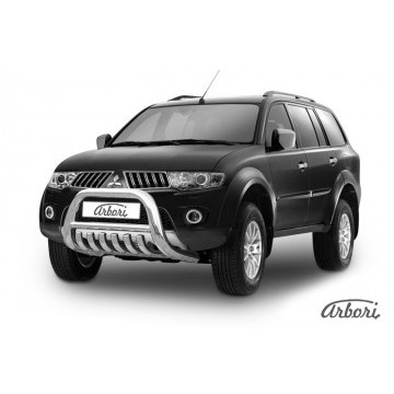 Кенгурятник d76 низкий с защитой картера Arbori нерж. сталь для Mitsubishi PAJERO SPORT 2002-2010