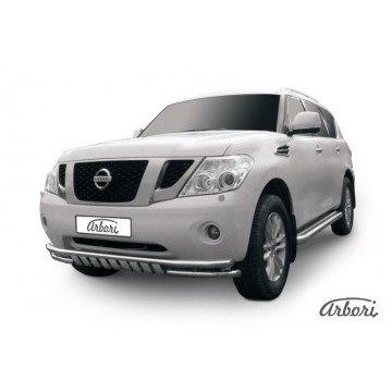 Защита переднего бампера d57+d57 двойная с ЗК Arbori нерж. сталь для Nissan PATROL 2012-2014