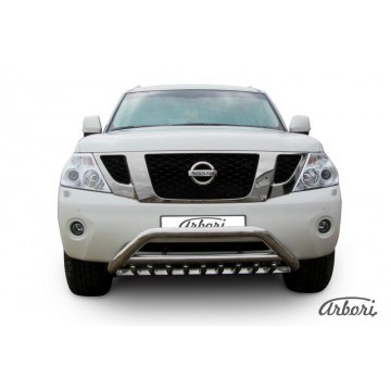 Кенгурятник d76 низкий широкий с ЗК и перемычкой Arbori нерж. сталь для Nissan PATROL 2012-2014