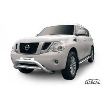 Кенгурятник d76 низкий широкий с перемычкой Arbori нерж. сталь для Nissan PATROL 2012-2014