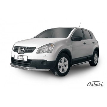 Защита переднего бампера d57+d42  двойная длинная Arbori нерж. сталь для Nissan QASHQAI 2007-2010