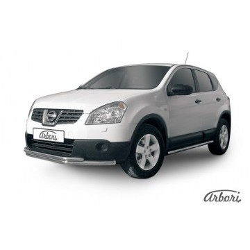 Защита переднего бампера d57+d42 двойная длинная Arbori нерж. сталь для Nissan QASHQAI+2 2007-2010