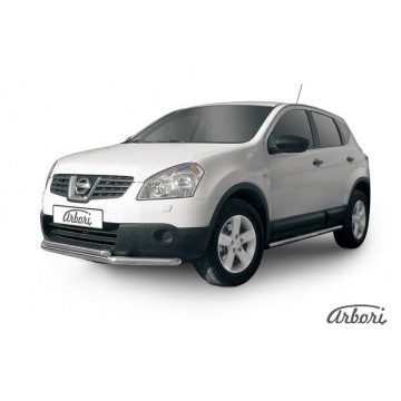 Защита переднего бампера d57+d42 двойная короткая Arbori нерж. сталь для Nissan QASHQAI+2 2007-2010