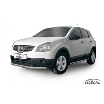 Защита переднего бампера d57 короткая Arbori нерж. сталь для Nissan QASHQAI+2 2007-2010