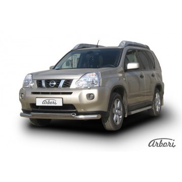 Защита переднего бампера d76+d57 двойная Arbori нерж. сталь для Nissan X-TRAIL 2007-2011