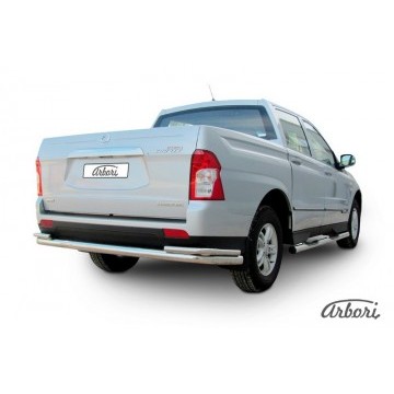 Защита заднего бампера d76+d42 двойная длинная Arbori нерж. сталь для SsangYong ACTYON SPORT 2013-2016