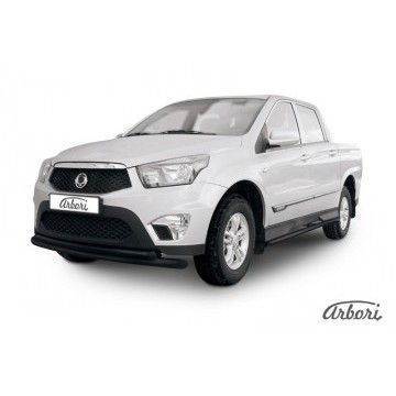 Защита переднего бампера d76+d57 двойная радиусная Arbori черн. для SsangYong ACTYON SPORT 2013-2016