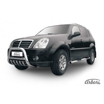 Кенгурятник d76 низкий с защитой картера Arbori нерж. сталь для SsangYong REXTON 2010-2012
