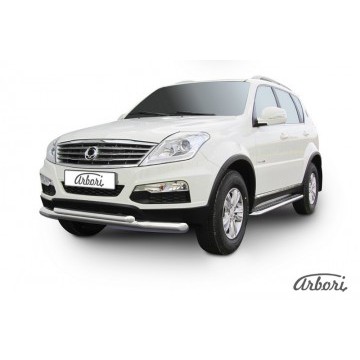 Защита переднего бампера d57+d57 двойная Arbori нерж. сталь для SsangYong REXTON 2013-2017