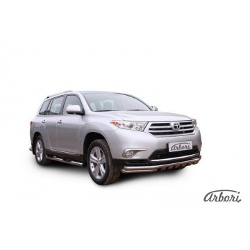Защита  переднего бампера d57+d57 с профильной ЗК Arbori нерж. сталь для Toyota HIGHLANDER 2010-2013