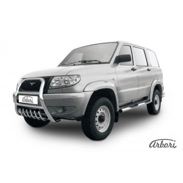 Кенгурятник d76 высокий с защитой картера Arbori нерж. сталь для UAZ PATRIOT 2005-2014