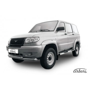 Защита переднего бампера d76+d57 двойная Arbori нерж. сталь для UAZ PATRIOT 2005-2014