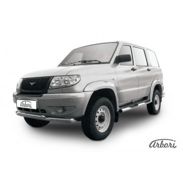Защита переднего бампера d57+d57 двойная Arbori нерж. сталь для UAZ PATRIOT 2005-2014