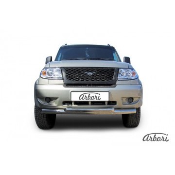 Защита переднего бампера d76+d57 двойная Arbori нерж. сталь для UAZ PICKUP 2007-2014