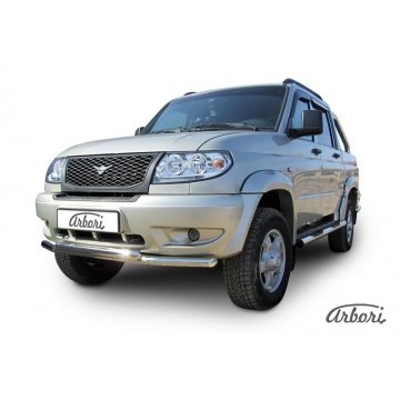 Защита переднего бампера d57+d57 двойная Arbori нерж. сталь для UAZ PICKUP 2007-2014