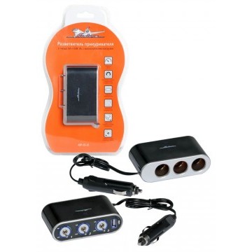 Прикуриватель-разветвитель 3 гнезда 5А + USB 1A, с выключателями нагрузки