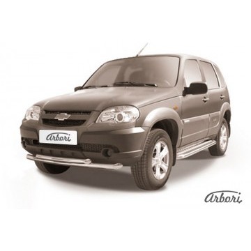 Защита переднего бампера d57+d57 двойная Arbori нерж. сталь для Chevrolet NIVA 2010-нв