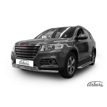 Защита переднего бампера d57+d42 двойная Arbori нерж. сталь для HAVAL H6 2014-нв