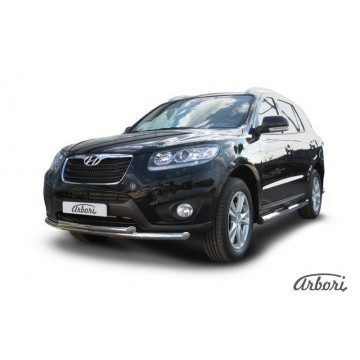 Защита переднего бампера d57+d57 двойная Arbori нерж. сталь для Hyundai SANTA-FE 2010-2012