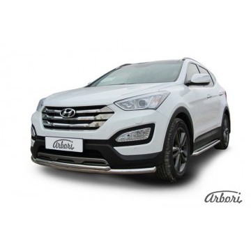 Защита переднего бампера d57+d42 двойная Arbori нерж. сталь для Hyundai SANTA-FE 2012-2018